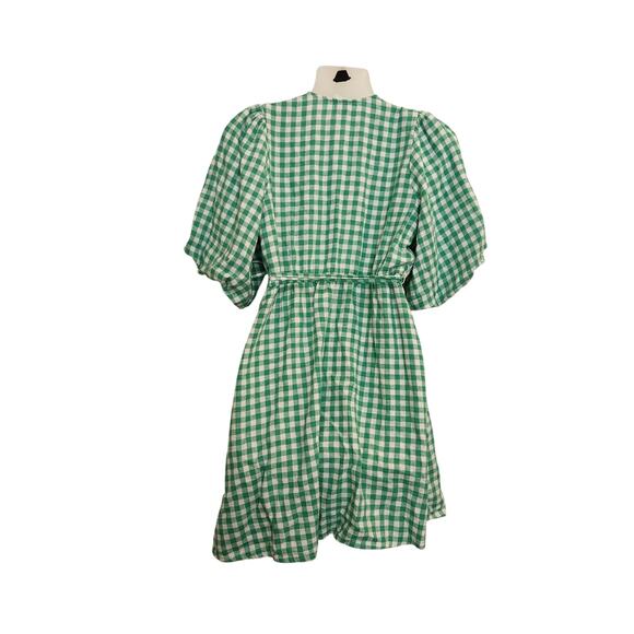 Old Navy Above The Knee Linen Waist-Defined Wrap Gingham Dress Green Medium - Picture 3 of 9